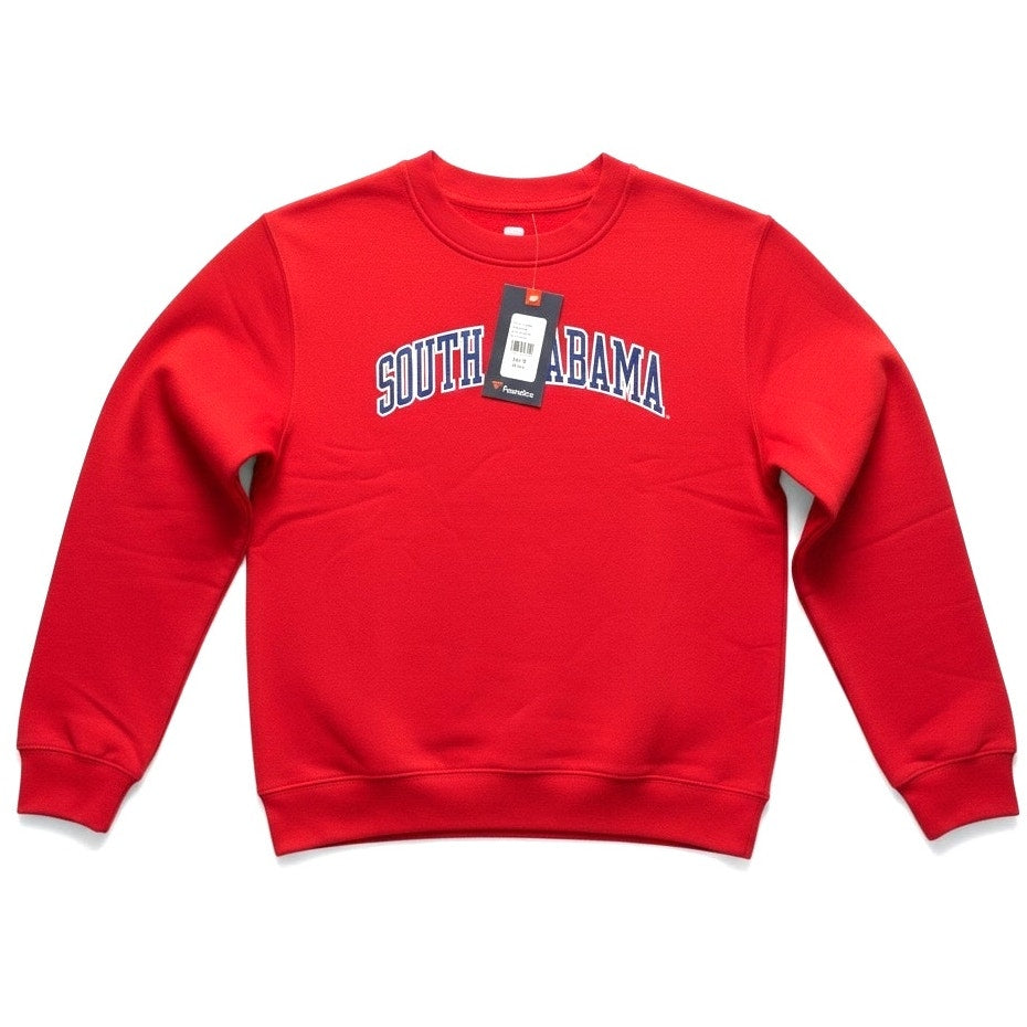 South Alabama Jaguars red fleece pullover sweatshirt for adults, small size, by Fabletics, featuring team logo and comfortable design.