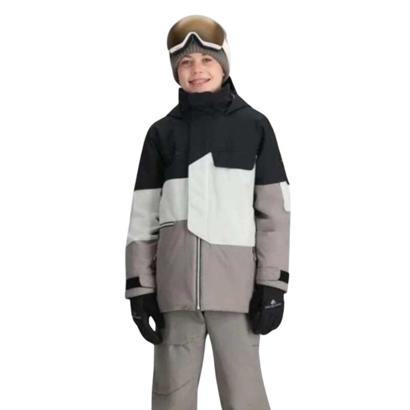 Obermeyer boys' Axel jacket in moonstone color, size XL, with zipper closure, hood, and insulated design for winter warmth.