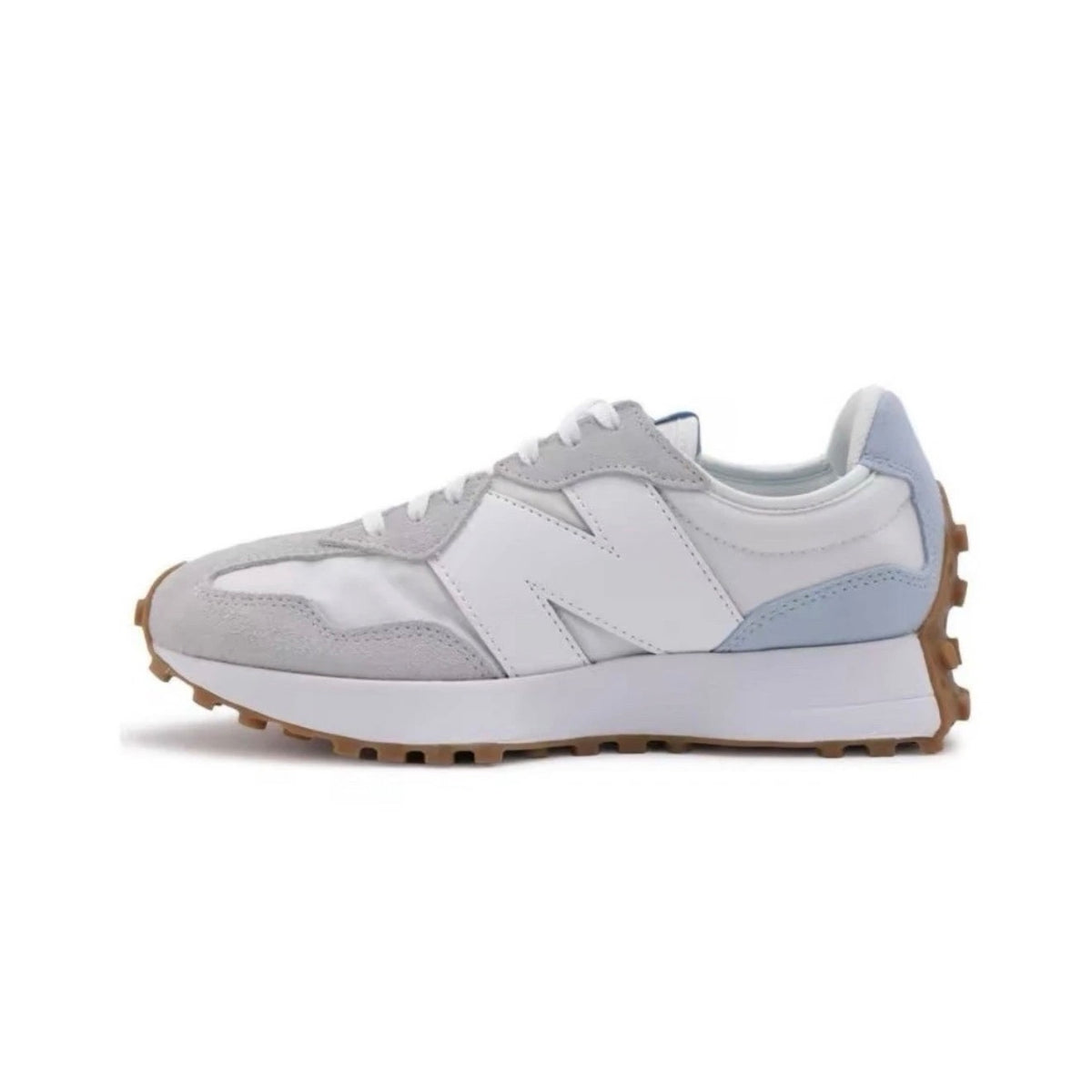 Adidas New Balance 327 sneakers in reflection bright grey, women's size 9 and men's size 7.5, featuring stylish athletic design.