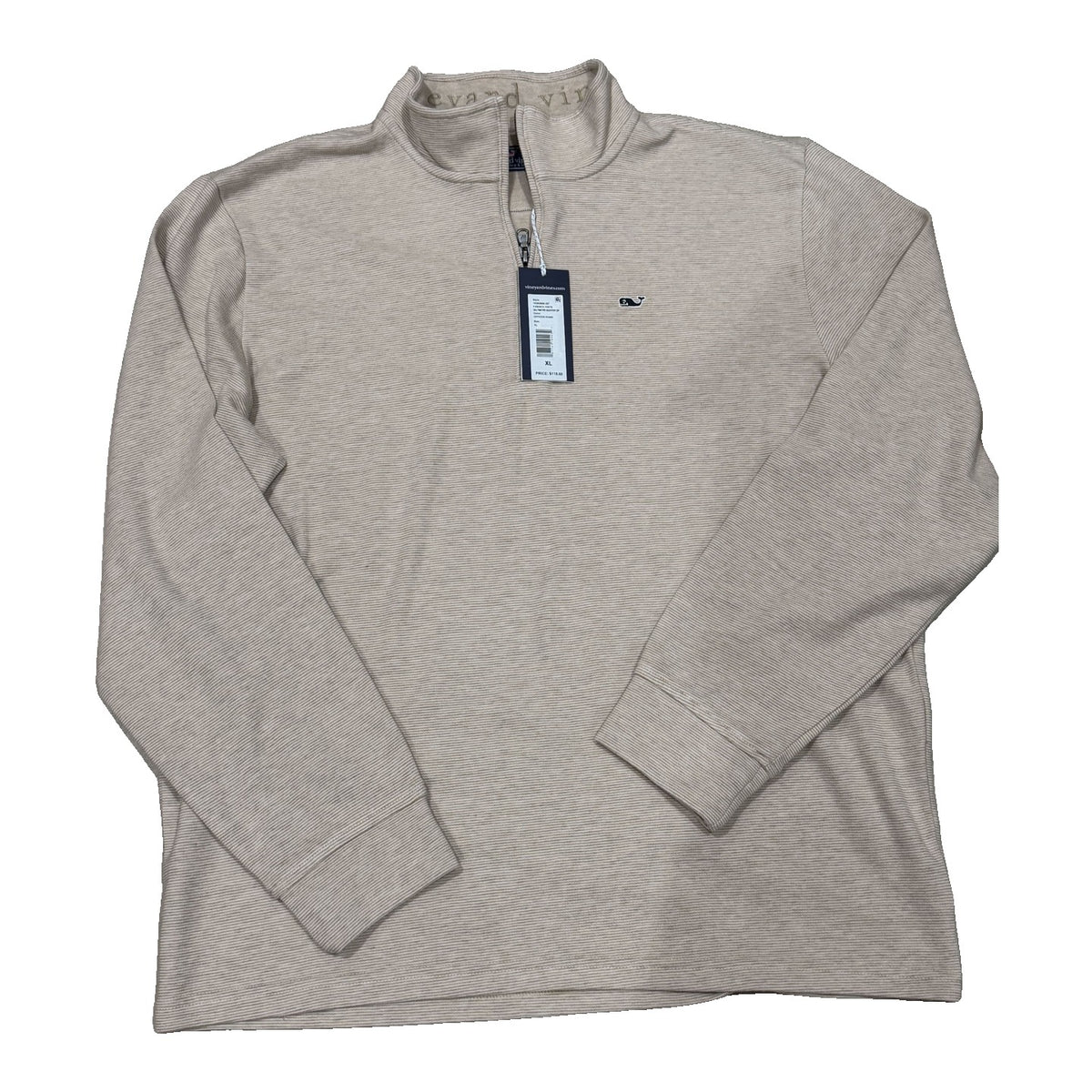Vineyard Vines men's XL Saltwater quarter zip pullover in khaki with navy and white stripes, front view showing collar and zipper.