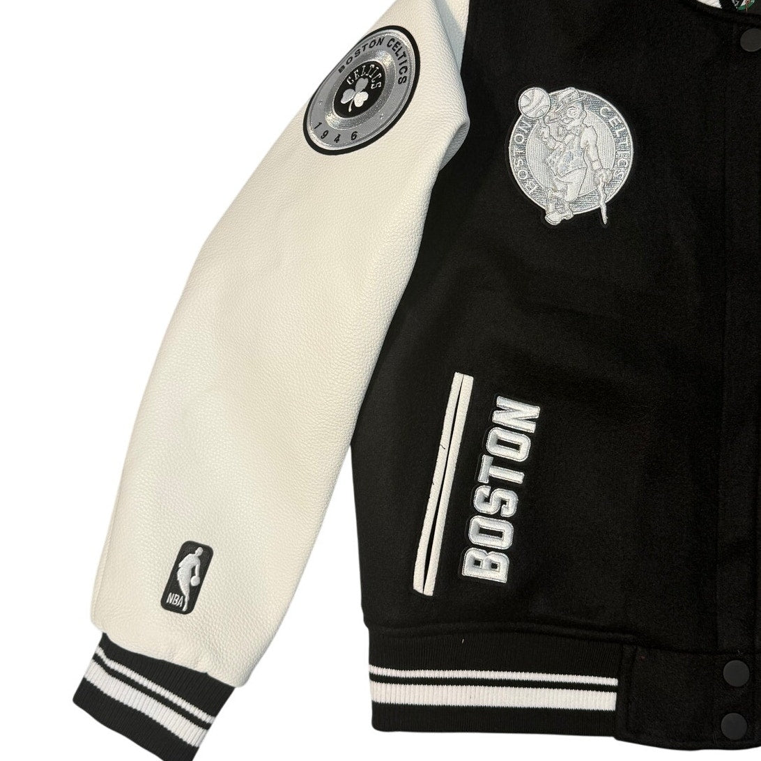 Pro Standard Boston Celtics varsity jacket in size S, featuring athletic style with green and white team branding and classic varsity design.