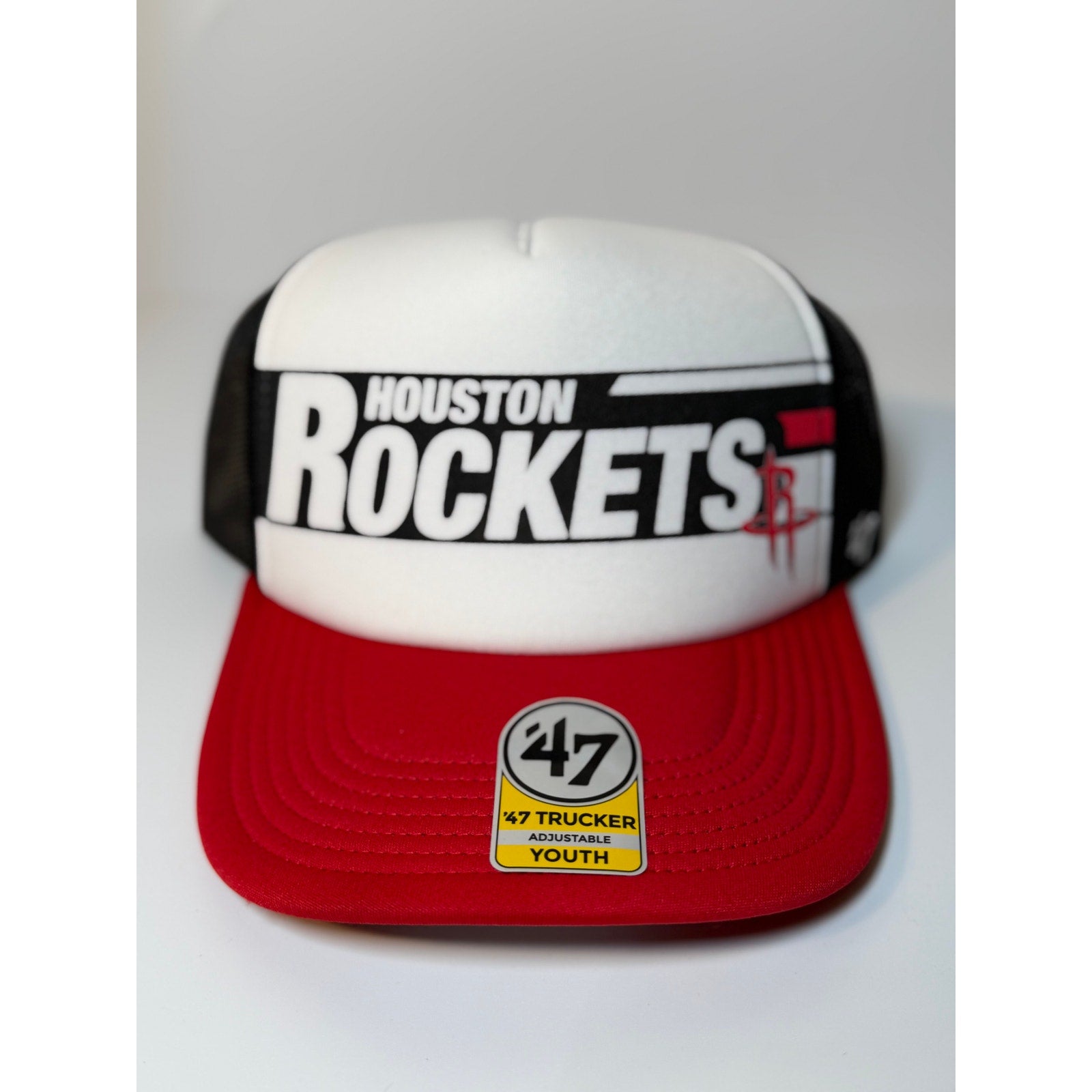 Red and black 47 Brand Houston Rockets youth trucker snapback hat with adjustable strap, new with tags, front logo design.