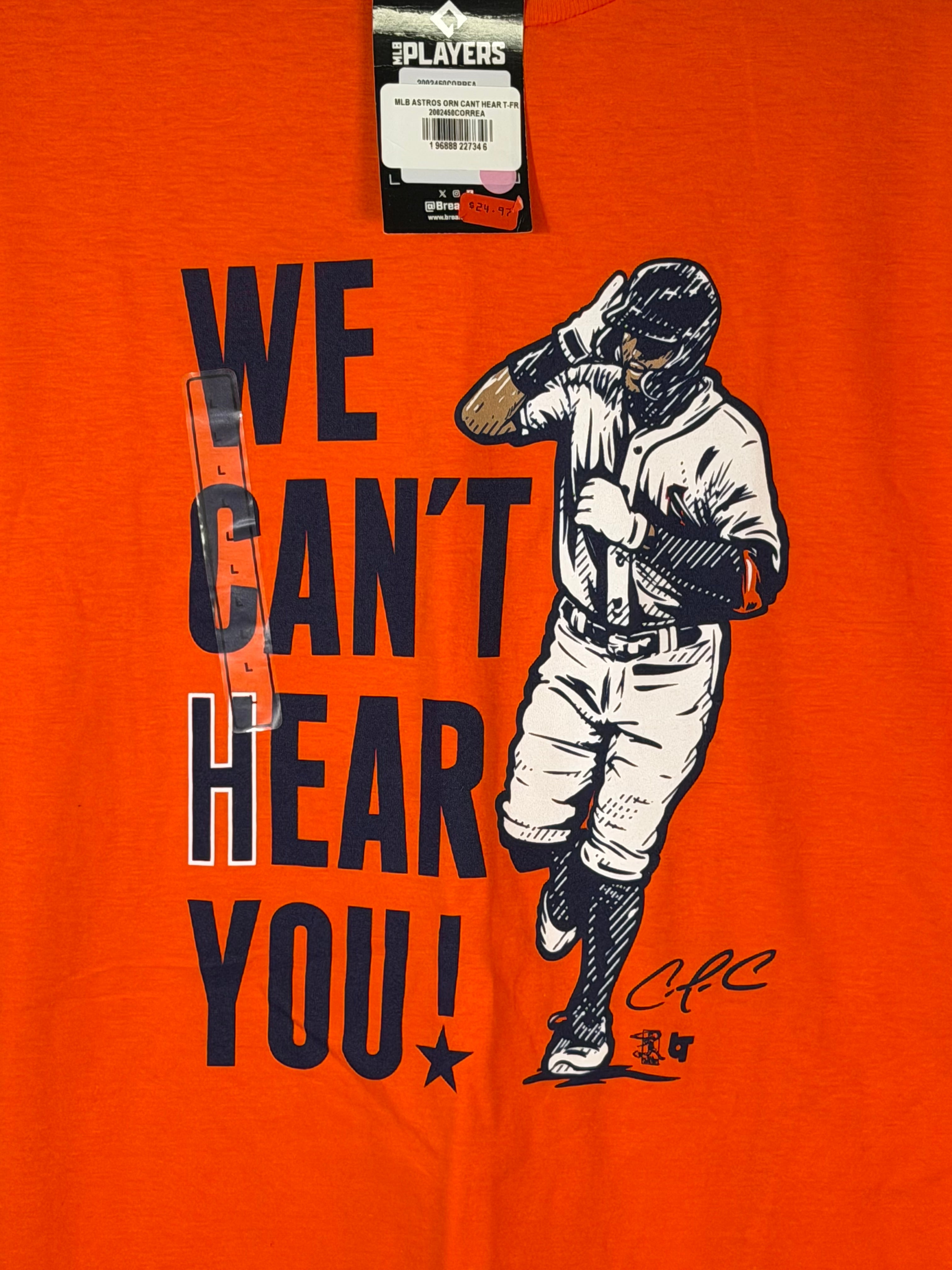 BreakingT Houston Astros Carlos Correa "We Can't Hear You" shirt, large size, NFL Players brand, casual baseball-themed clothing.