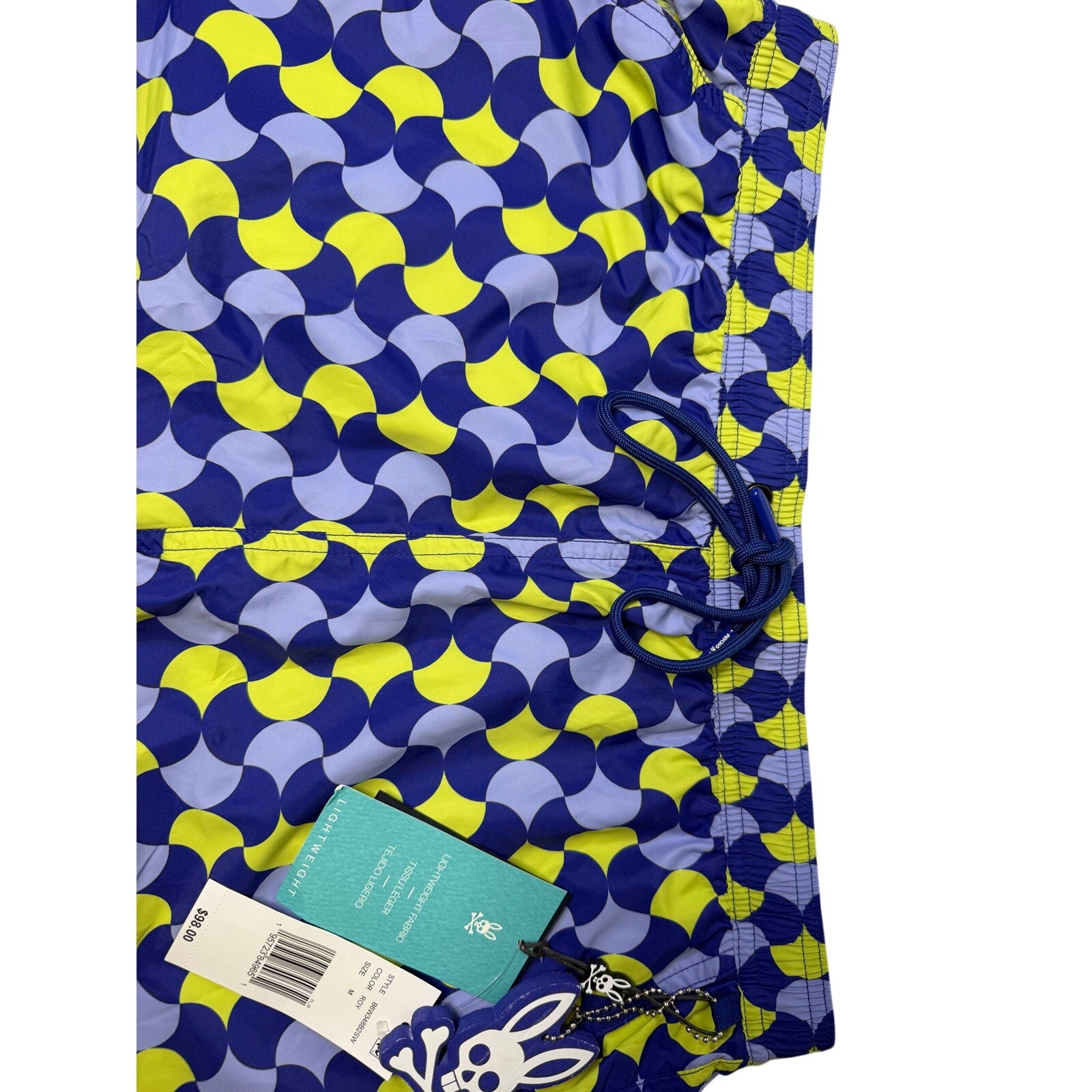 Psycho Bunny Men's Swim Trunks Blue Yellow Geometric Print Size M NWT