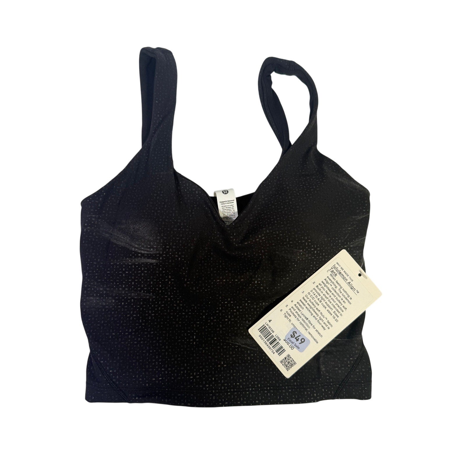 Black Lululemon Align tank top for women with built-in bra, featuring a subtle sparkle detail, size 4, new with tags.