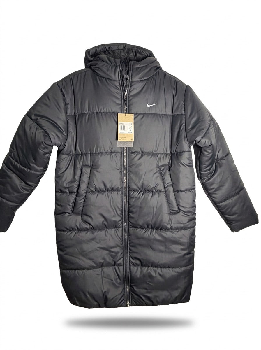 Nike Sportswear Classic Puffer Therma-FIT long hooded parka in black, women's XS jacket with quilted puffer design and zip closure.