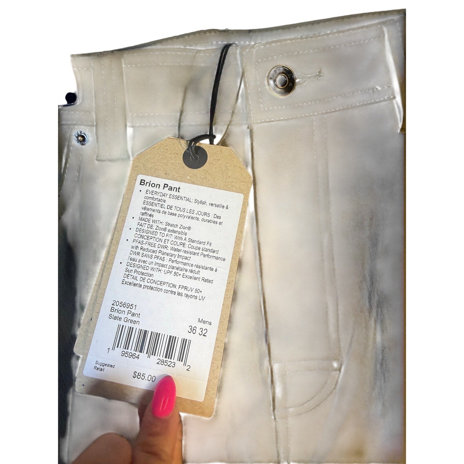 prAna Brion men's pants in 36x32, slate green stretch fabric, shown laid flat with front view, casual outdoor style.