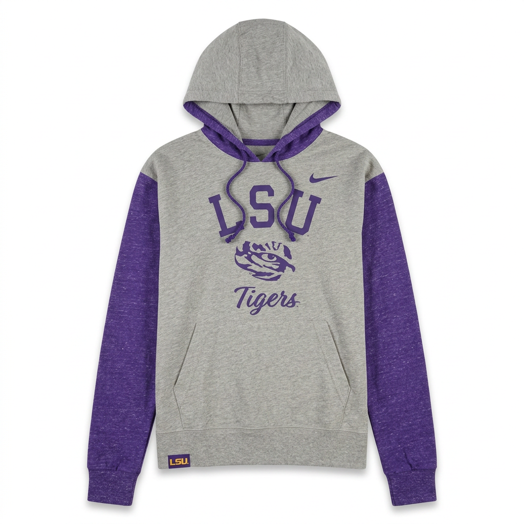 Nike LSU Tigers grey and purple collegiate logo hoodie, size S, with Nike branding and LSU team emblem on the front.