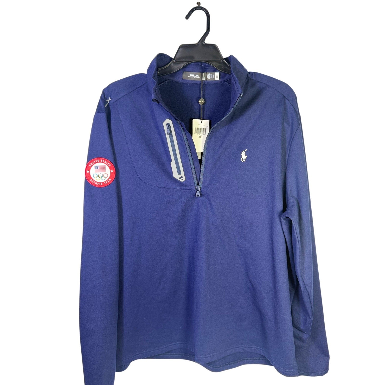 Men’s navy Ralph Lauren RLX Team USA Olympic quarter-zip sweatshirt in XXL, with the logo visible on the chest.