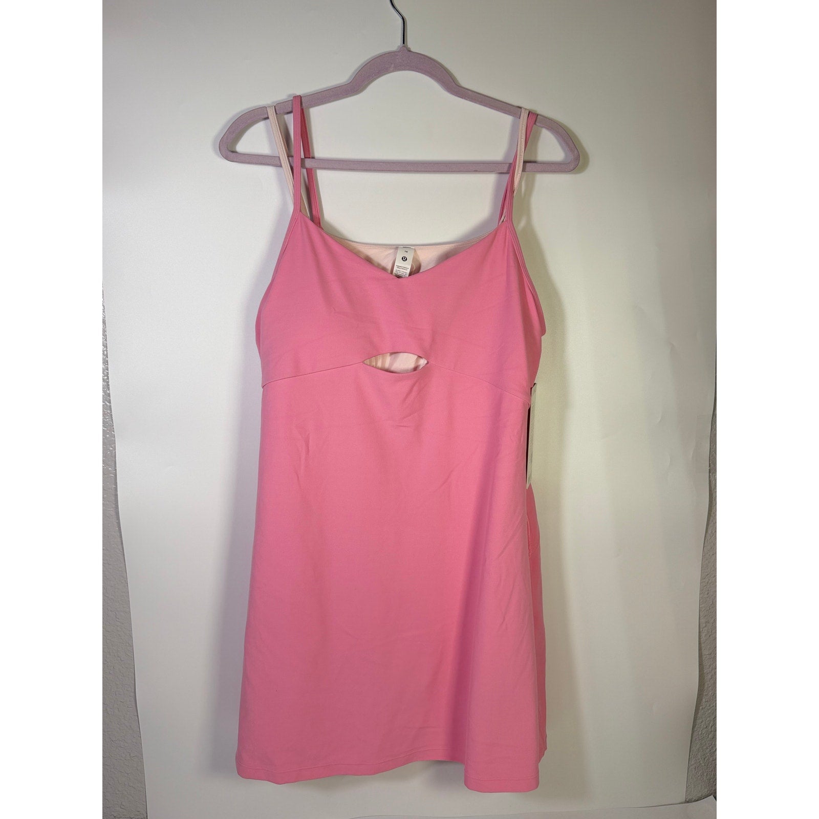 Pink Lululemon Align layered dress with built-in bra for women, size 14, made from Nulu fabric, featuring a sleek, comfortable fit.