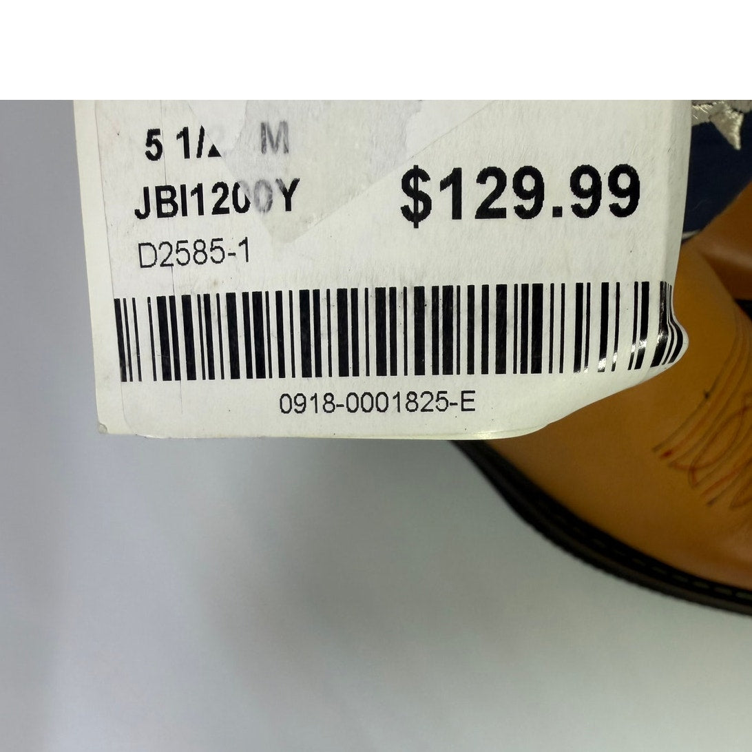 J.B. Dillon patriotic American flag Western cowboy boots for youth, size 5.5M, tan leather with American flag design.