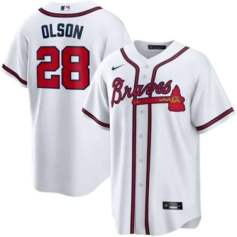 White Nike MLB T-shirt featuring Atlanta Braves player Matt Olson #28 logo and team branding.