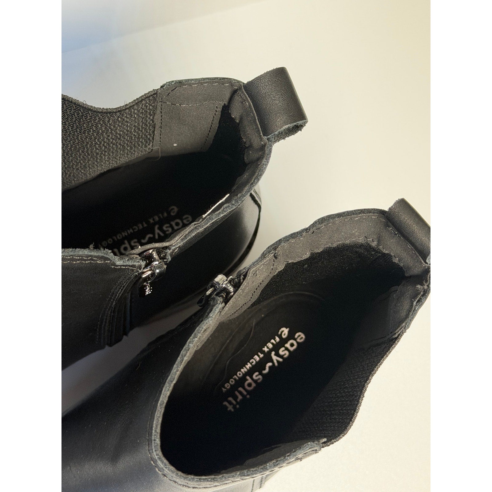 Easy Spirit women's black Chelsea ankle boots with side zipper, size 8.5M, pre-owned, stylish and comfortable footwear.