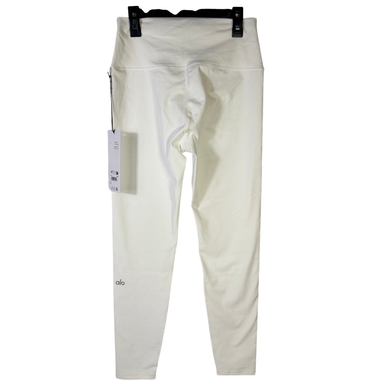 White Alo Yoga 7/8 high waist Airbrush leggings for women, large size, showing a close-up of the fitted, stretchy pants.