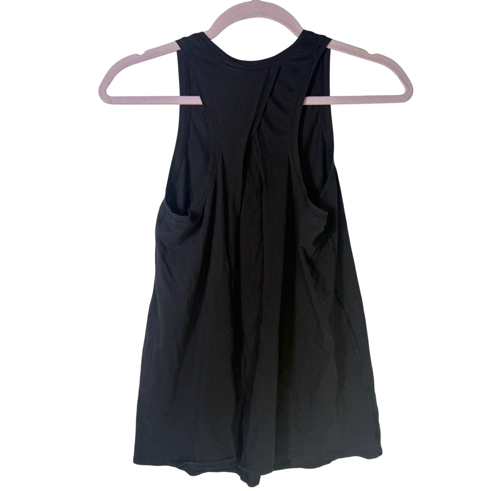 Black Lululemon women's high-neck open-back athletic tank top, size 4, with a sleek design and breathable fabric.