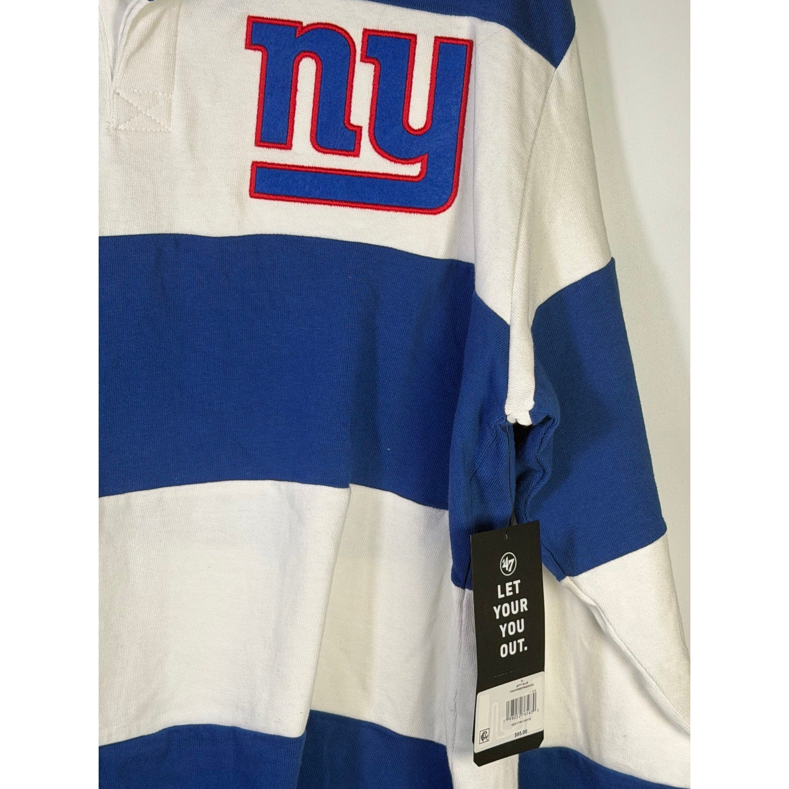 Men's 47 Brand New York Giants rugby shirt, blue and white striped long sleeve, size XL, new with tags.