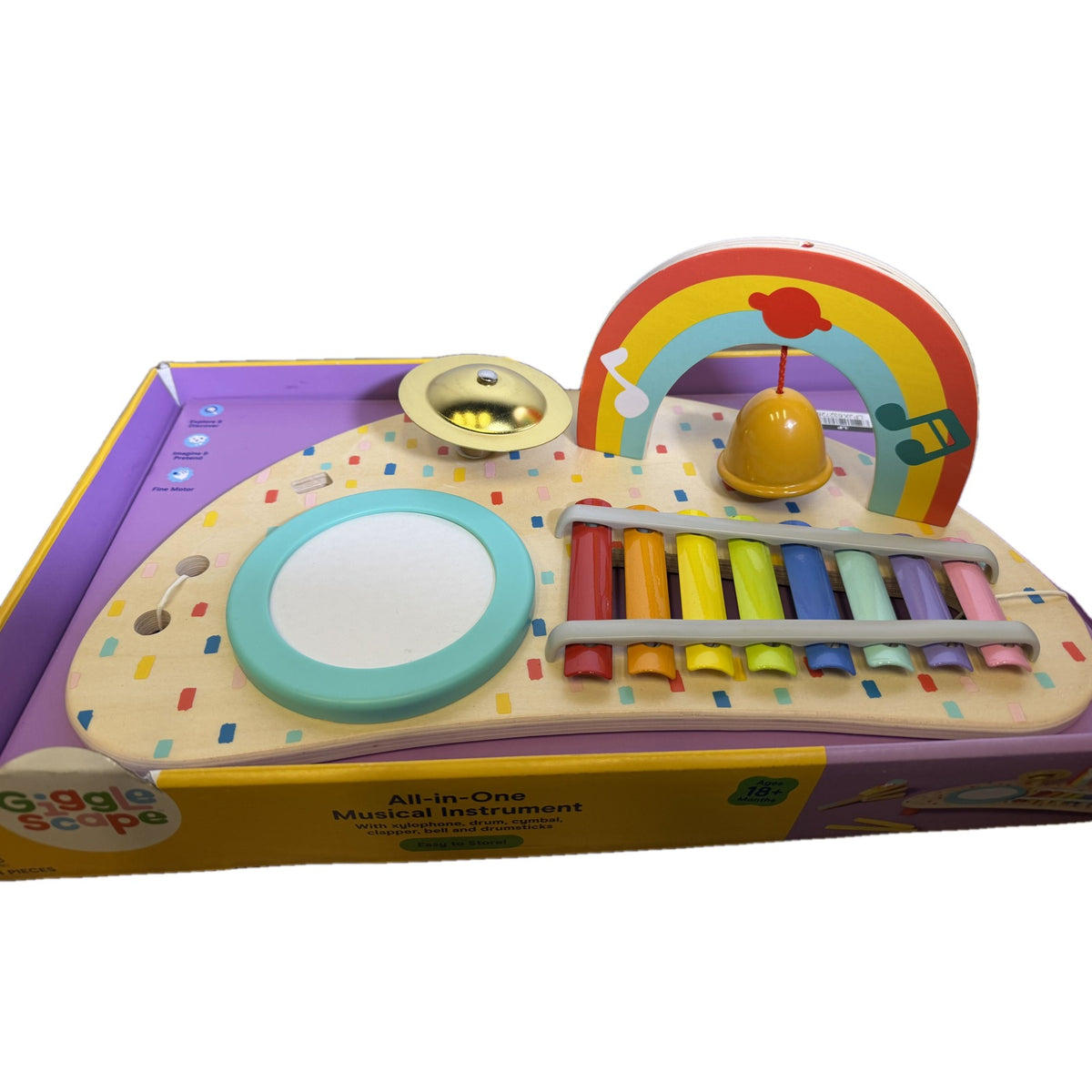 Gigglescape all-in-one wooden toddler musical instrument table with xylophone, drum, cymbal, and bell for children 18 months+