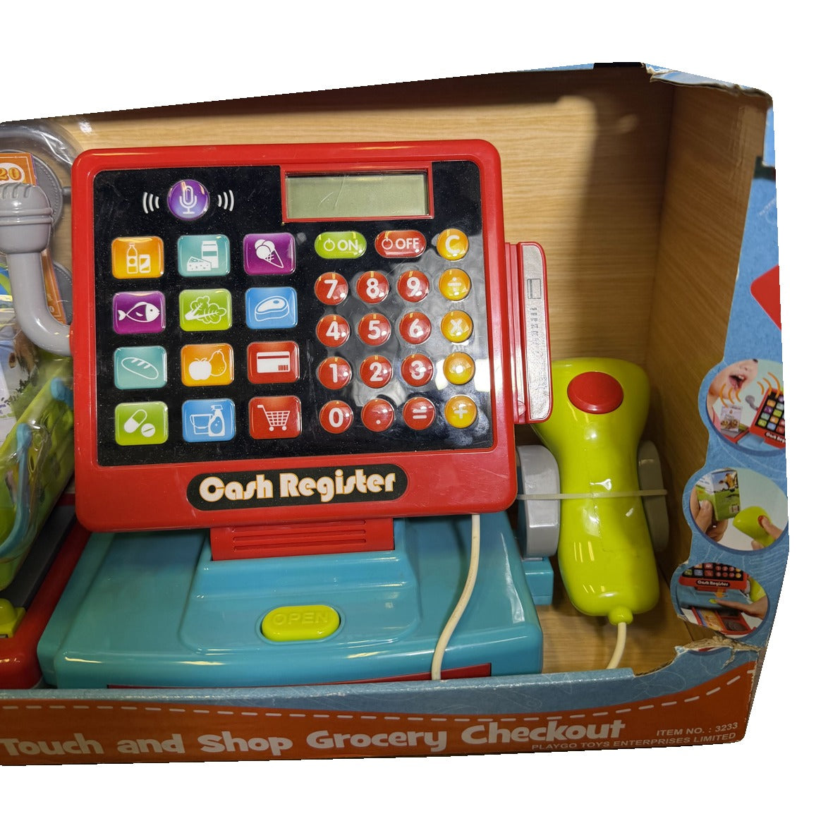 PlayGo Touch and Shop grocery checkout toy set with cash register, scanner, microphone, and play money for pretend play.