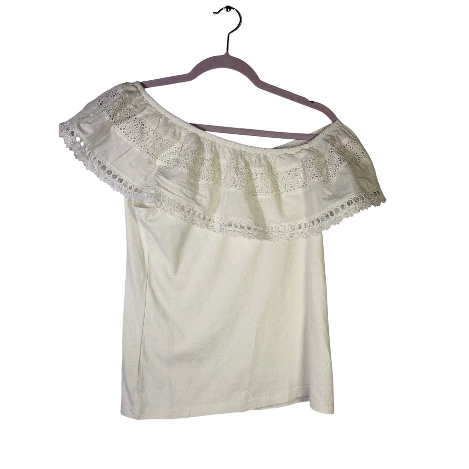 White Lilly Pulitzer Tracee off-shoulder eyelet top for women, small size, featuring feminine eyelet detailing and ruffled neckline.