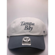 White and gray ’47 MLB Tampa Bay Rays adjustable hat with a curved brim and team logo, one size fits most.