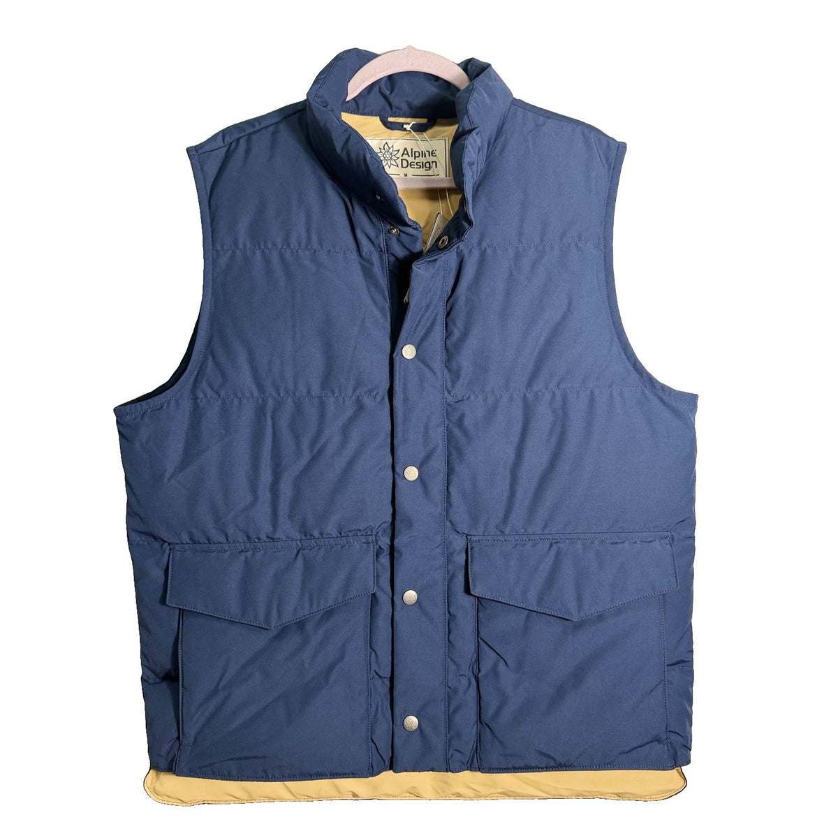Alpine Design AD 1962 Puffer Vest in vintage blue, men's medium, insulated, lightweight outdoor vest with a quilted design.