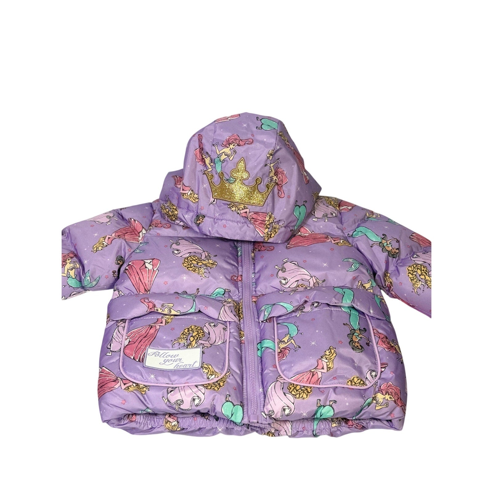 Disney Princess girls' purple hooded puffer jacket for 5T, featuring a warm, insulated design with a cute hood and princess-themed details.