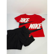 Nike baby boys 2-piece T-shirt and shorts set in red and black, size 12 months, new with tags, casual clothing for infants.