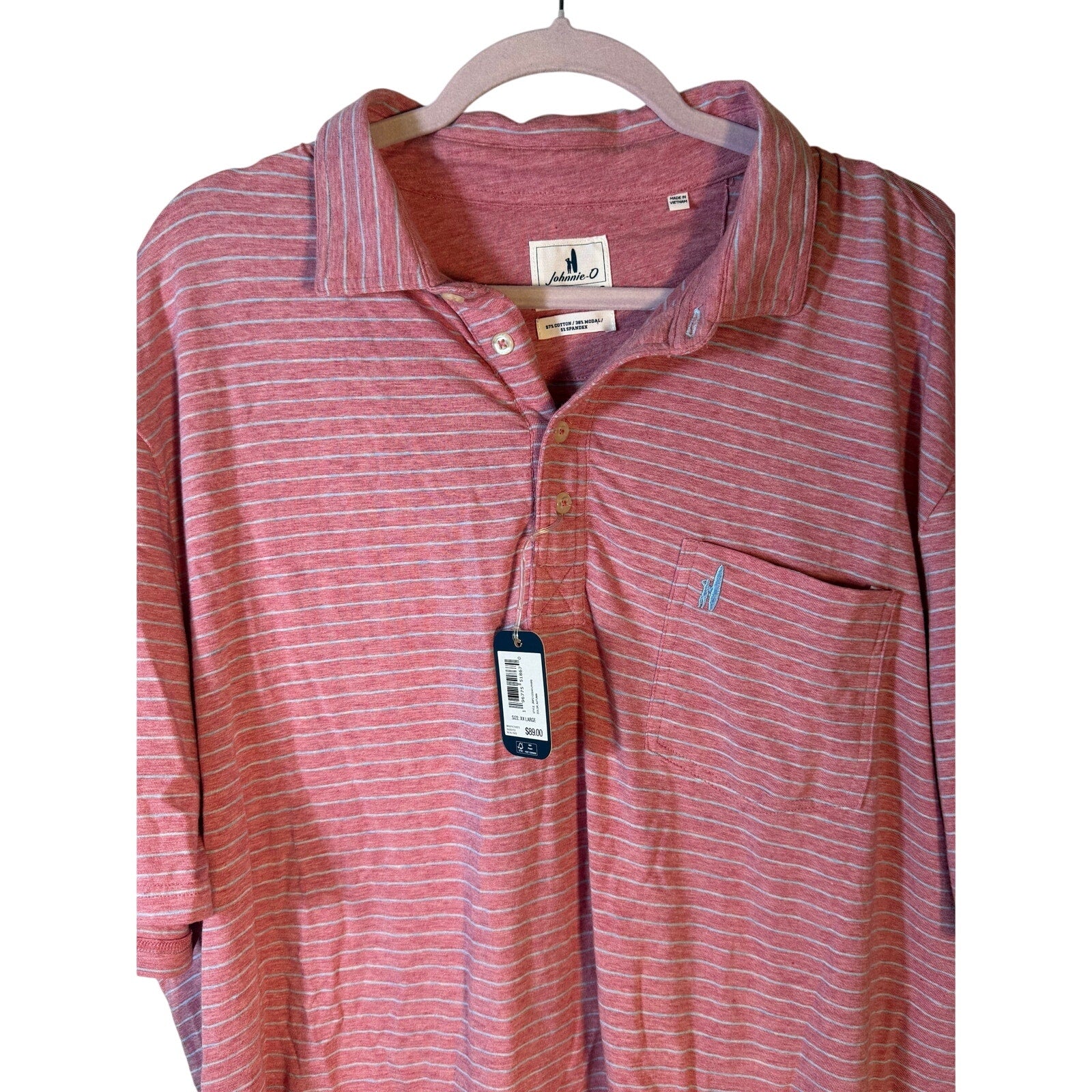 Johnnie-O men's pink and white striped polo shirt with pocket, XXL size, new with tags, casual men's fashion.