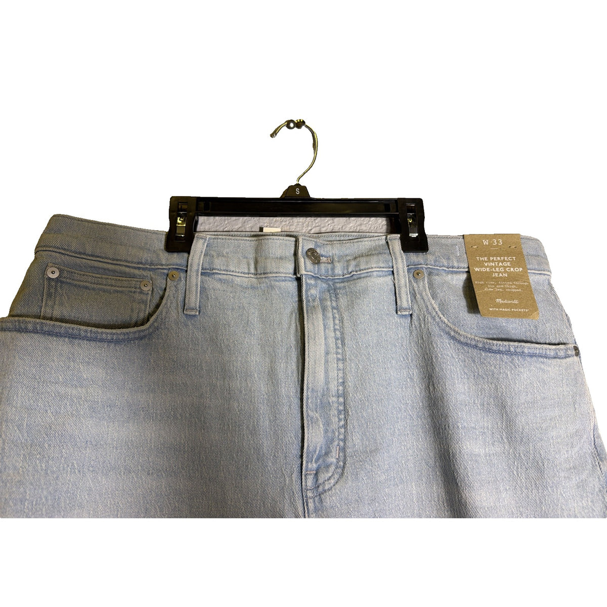 Madewell The Perfect Vintage wide-leg crop jeans in light wash, women's size 33, displayed on a hanger.