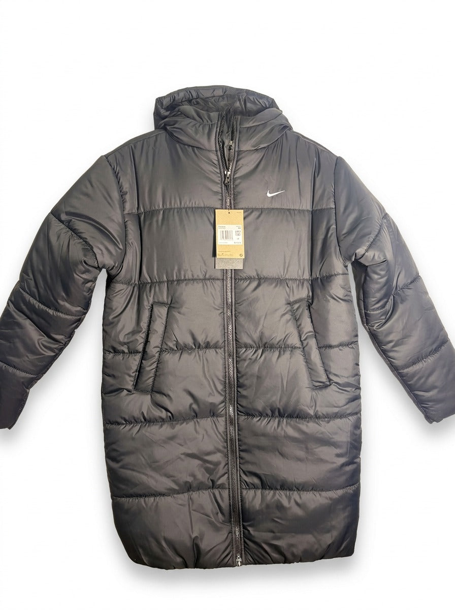 Nike Sportswear Classic Puffer Therma-FIT long hooded parka in black, women's XS jacket with insulated design and zip front.