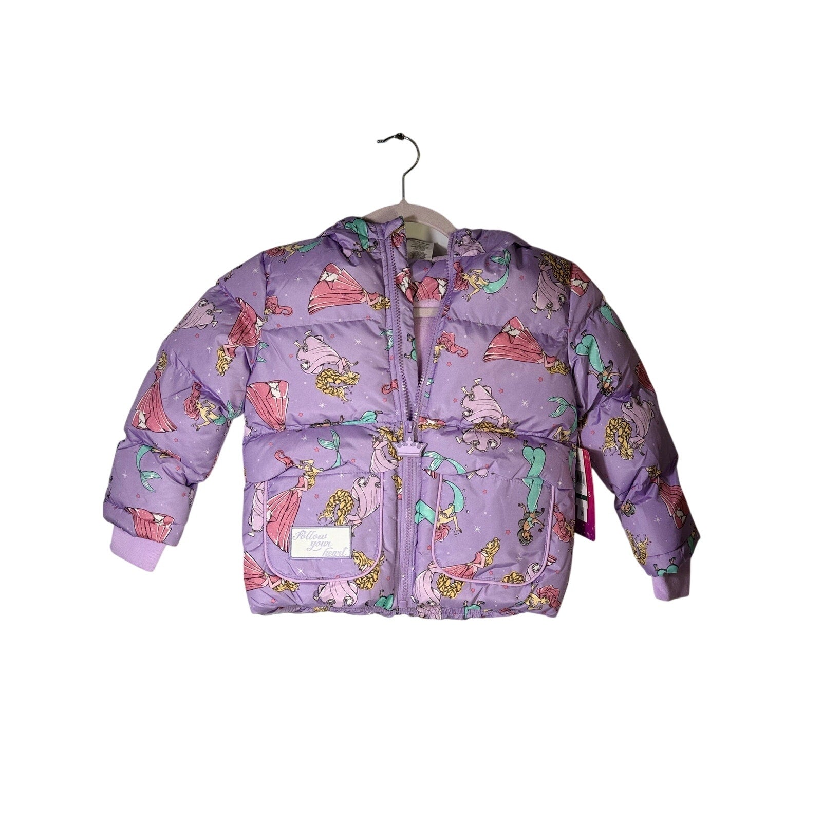 Disney Princess girls purple hooded puffer jacket, size 5T, featuring a cozy design and character graphics, new with tags.
