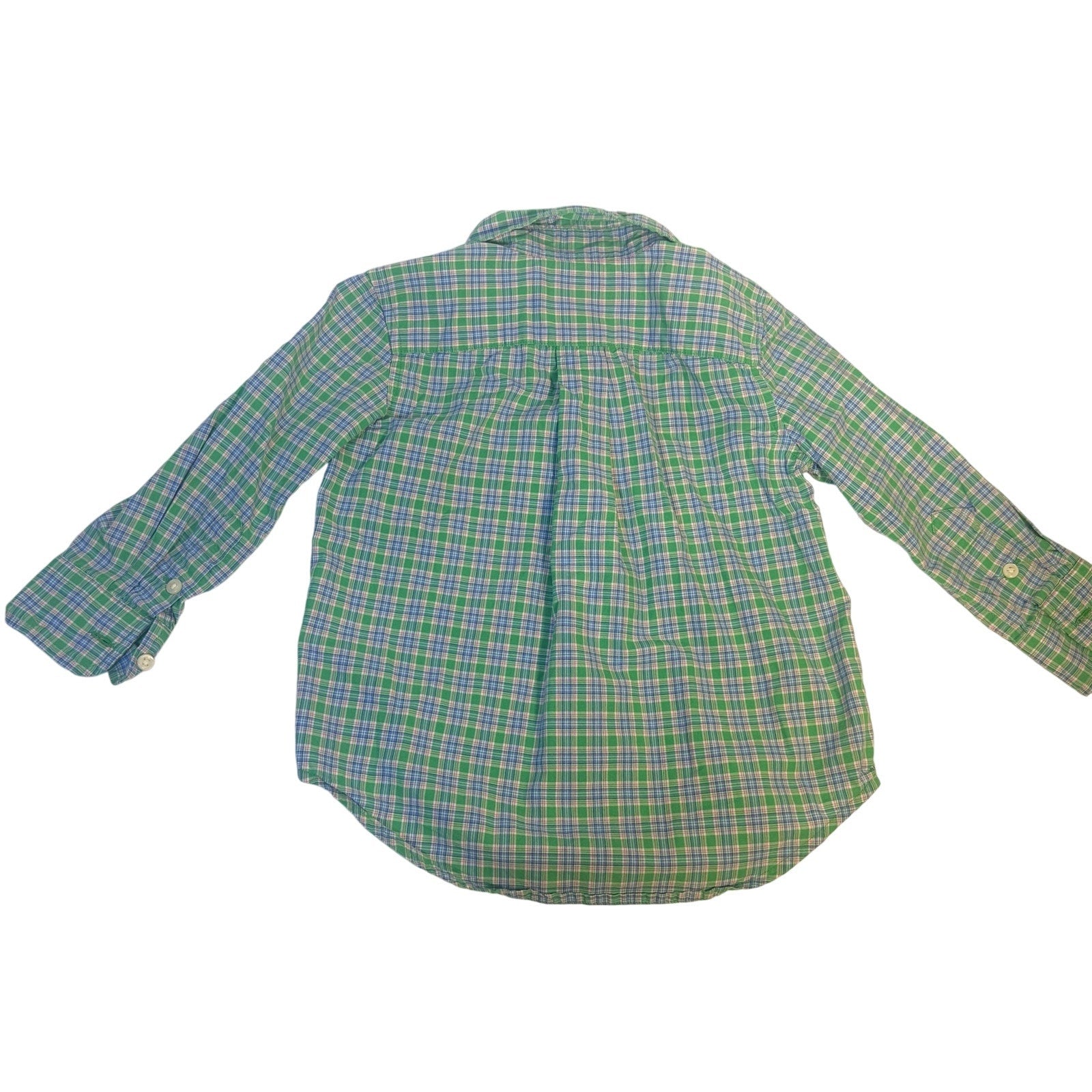 Ralph Lauren toddler boys plaid button-down shirt in green and blue, size 2/2T, with collar and long sleeves.