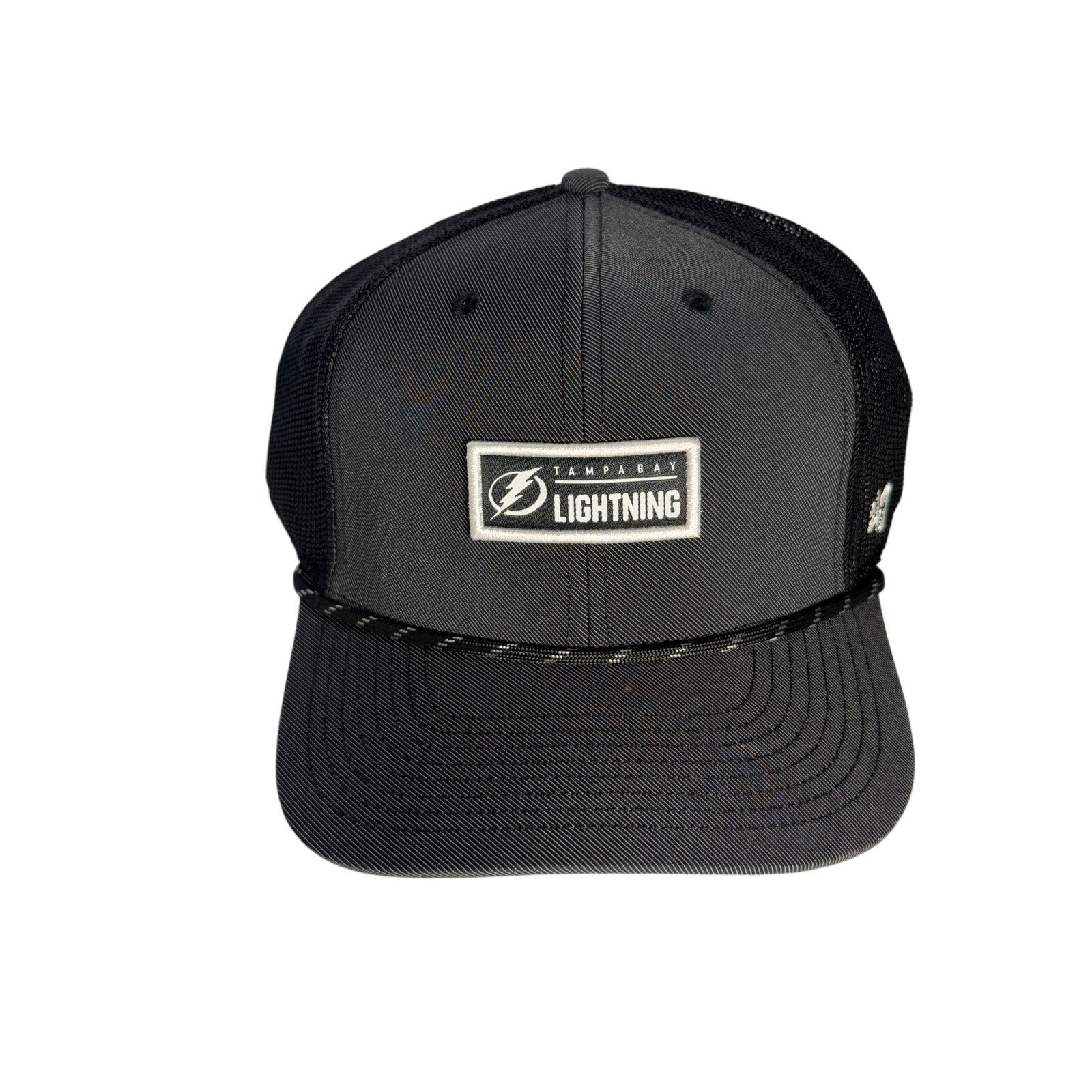 Gray and black '47 Brand Tampa Bay Lightning trucker hat with adjustable snapback and NHL logo.