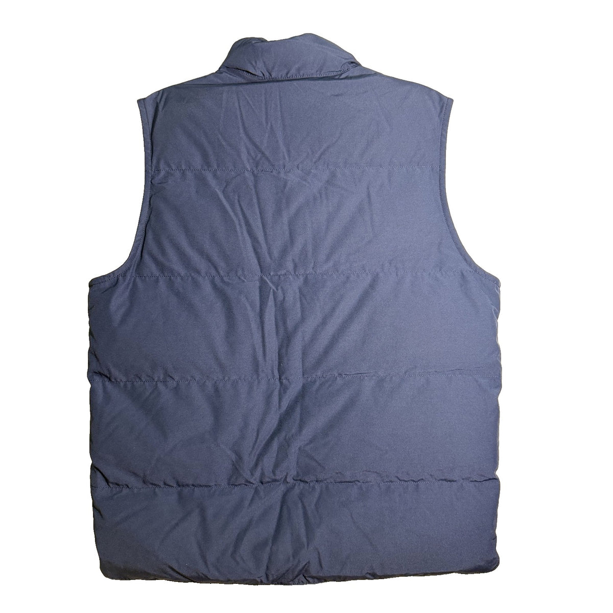 Men’s Alpine Design AD 1962 Puffer Vest in vintage blue, medium size, with quilted puffer style and stand collar.