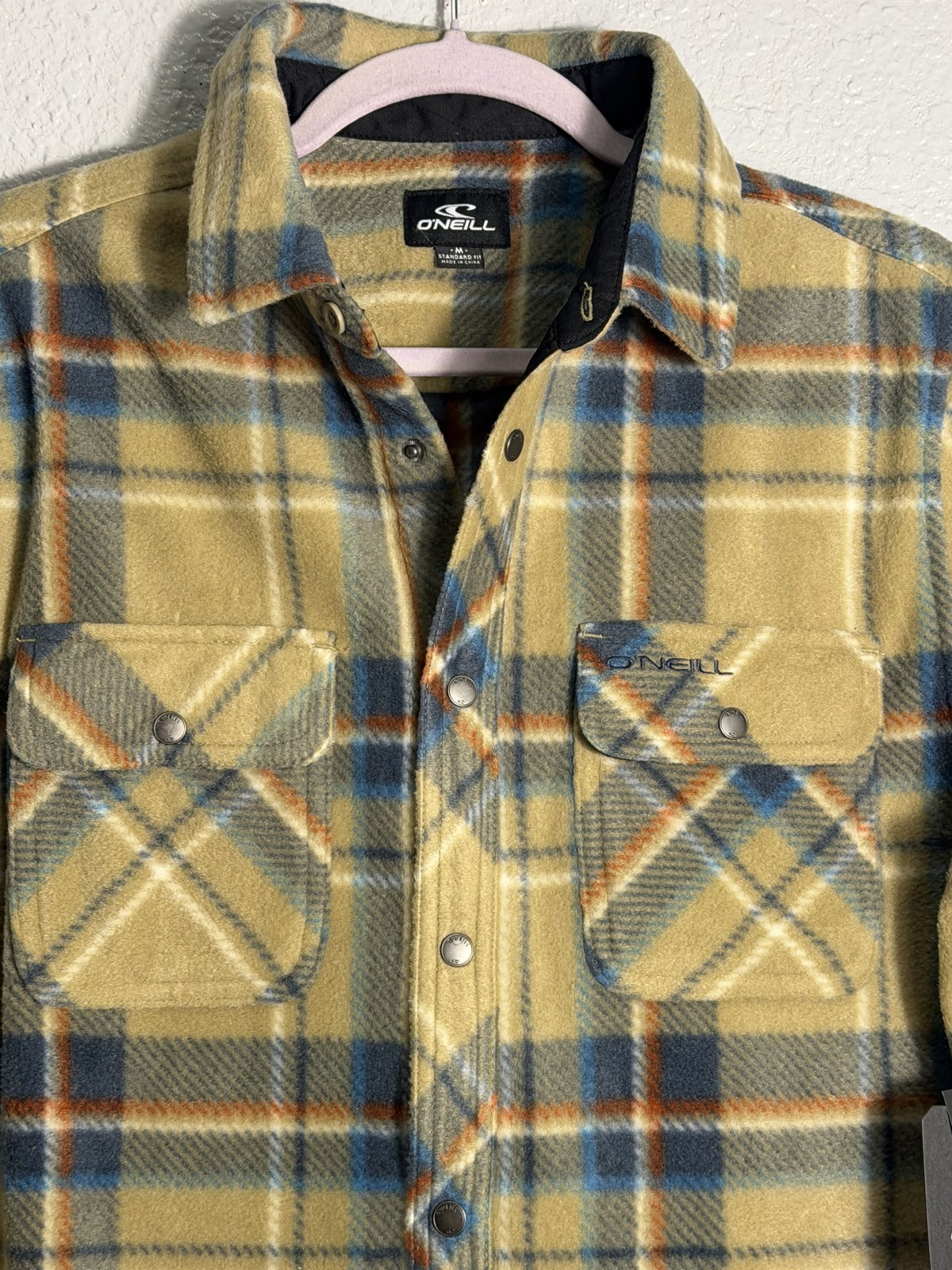 Men's O'Neill Glacier Plaid Superfleece Shirt Jacket in khaki and blue plaid, shown as a stylish, cozy jacket with button front.