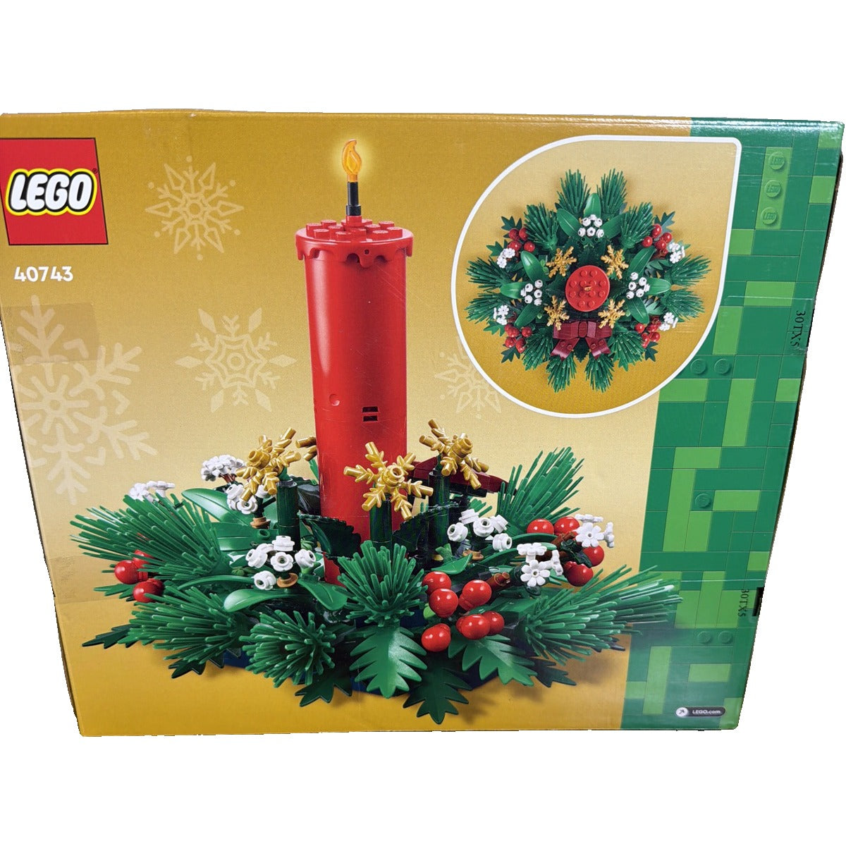 LEGO 40743 Christmas table decoration candle centerpiece featuring festive building toy pieces in sealed packaging