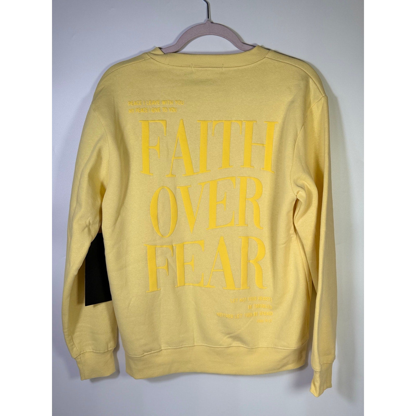 Yellow Revival Club Faith Cross crewneck sweatshirt in size S, featuring Christian graphic on soft fabric.