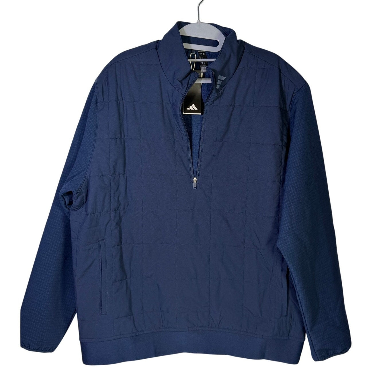 Adidas Ultimate365 quilted DWR men's golf jacket in navy blue, size L, with a lightweight, water-resistant design and full zipper front.