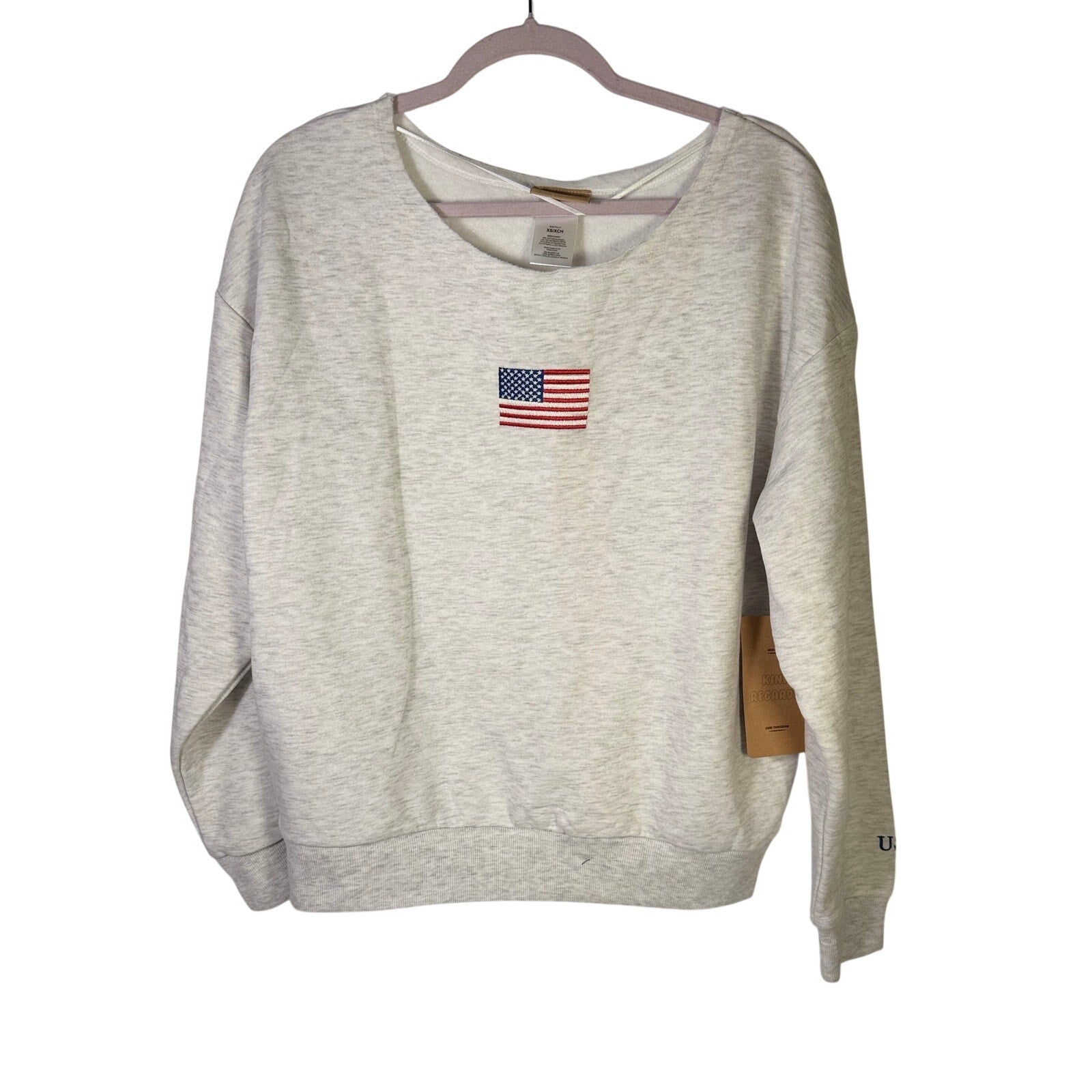 Kind Regard women's crewneck sweatshirt with USA American flag embroidery, size XS, featuring patriotic design and comfortable fit.