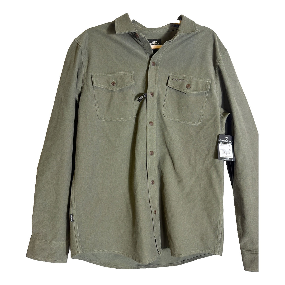 O'Neill men's olive green stretch overshirt with button-up front, casual shirt jacket, size M, new with tags.