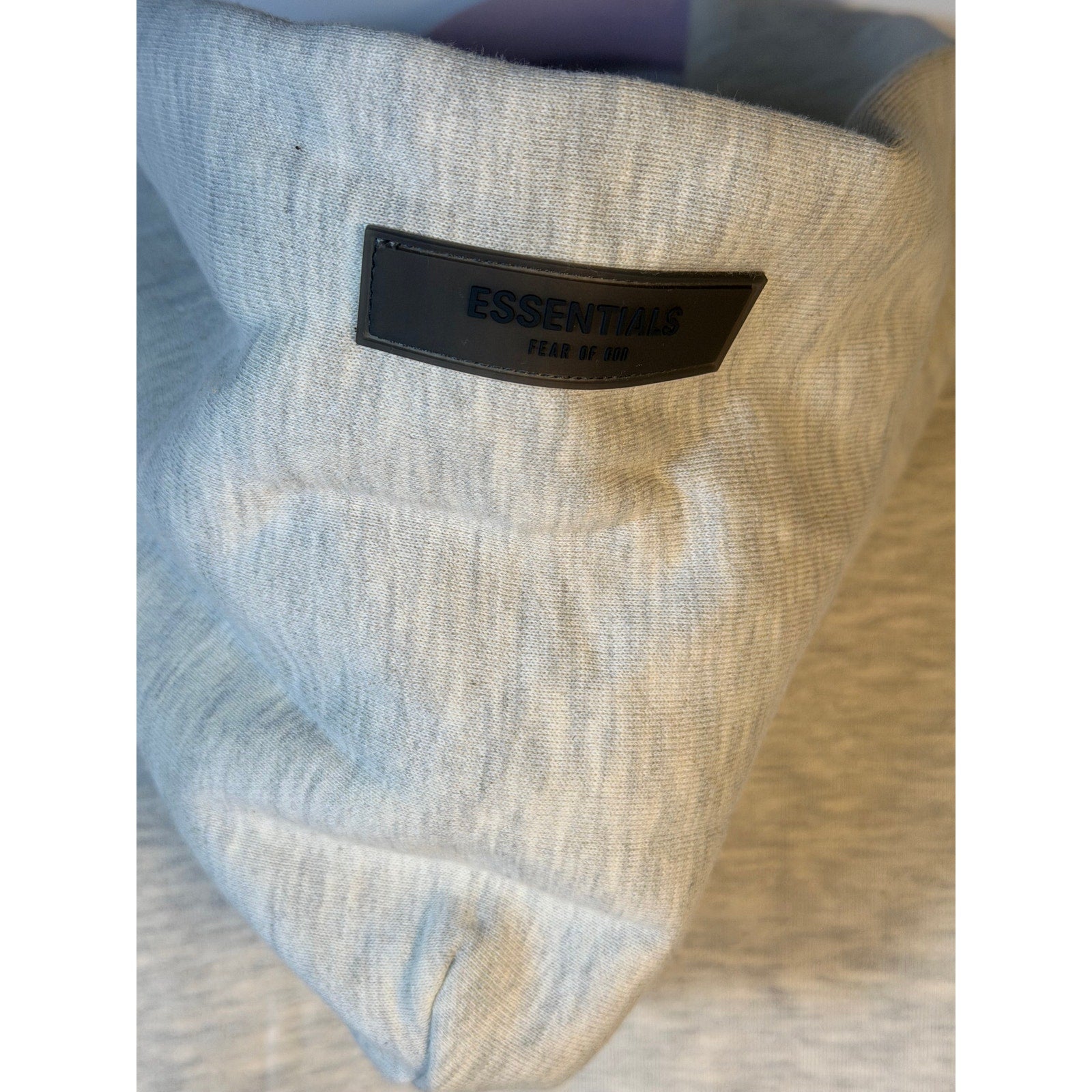 Fear of God ESSENTIALS men's light oatmeal pullover hoodie with logo, casual sweatshirt, comfortable and stylish for everyday wear.