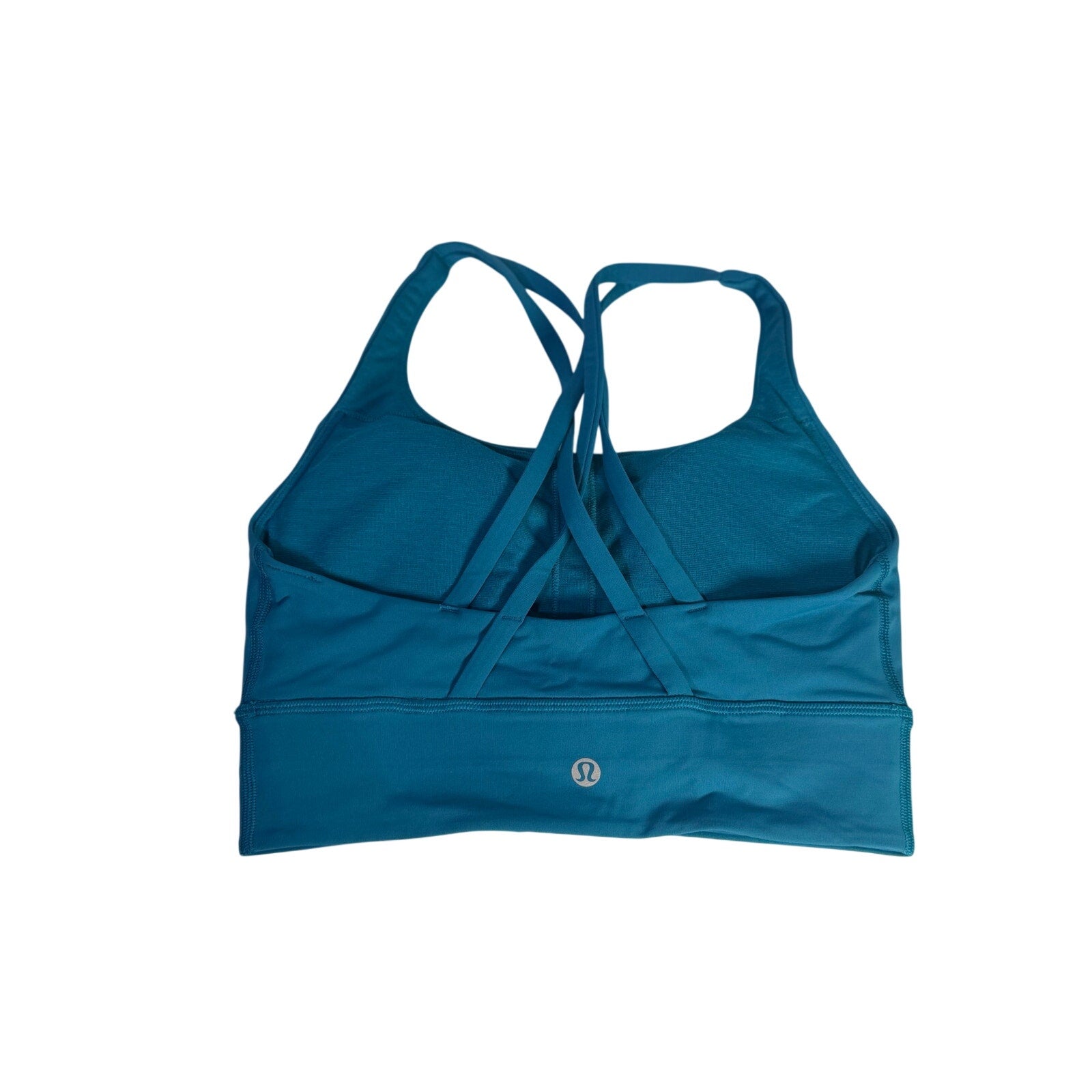 Lululemon women's teal blue strappy longline sports bra on a model, size 4, with supportive design and sleek fit.