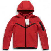 Nike boys' light university red tech fleece full-zip hoodie, XS size, with front zipper and hood, casual athletic style.
