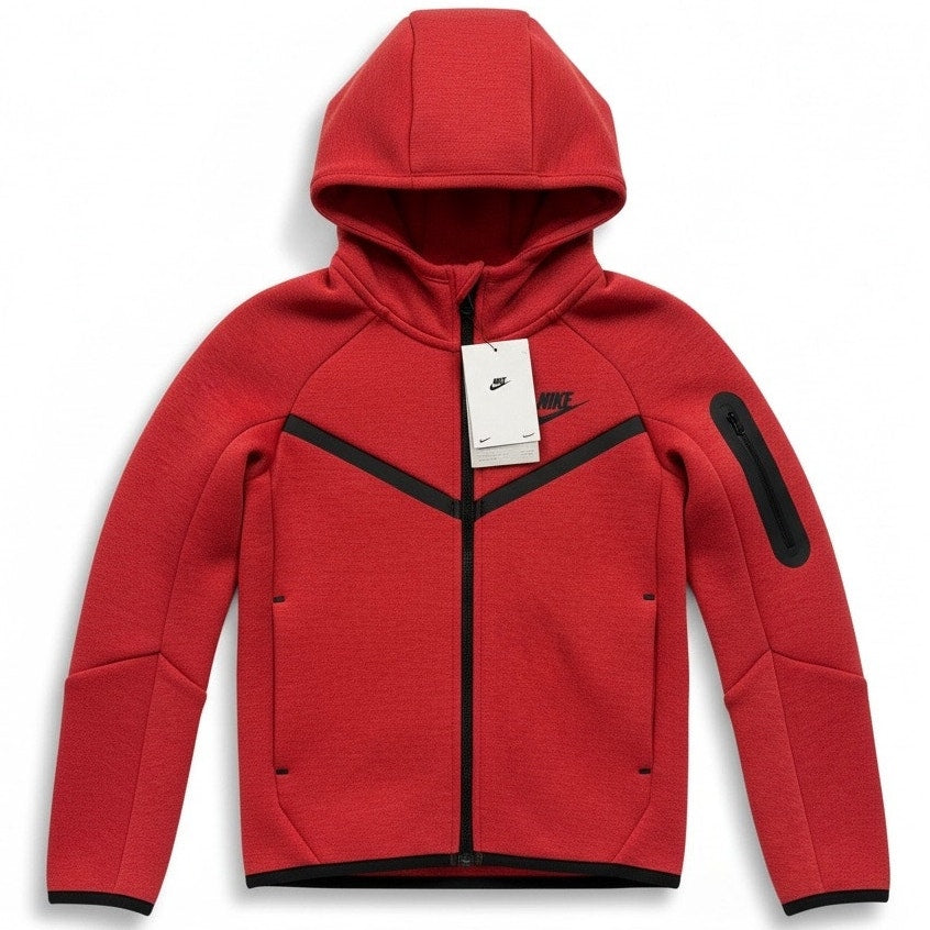 Nike boys' light university red tech fleece full-zip hoodie, XS size, with front zipper and hood, casual athletic style.