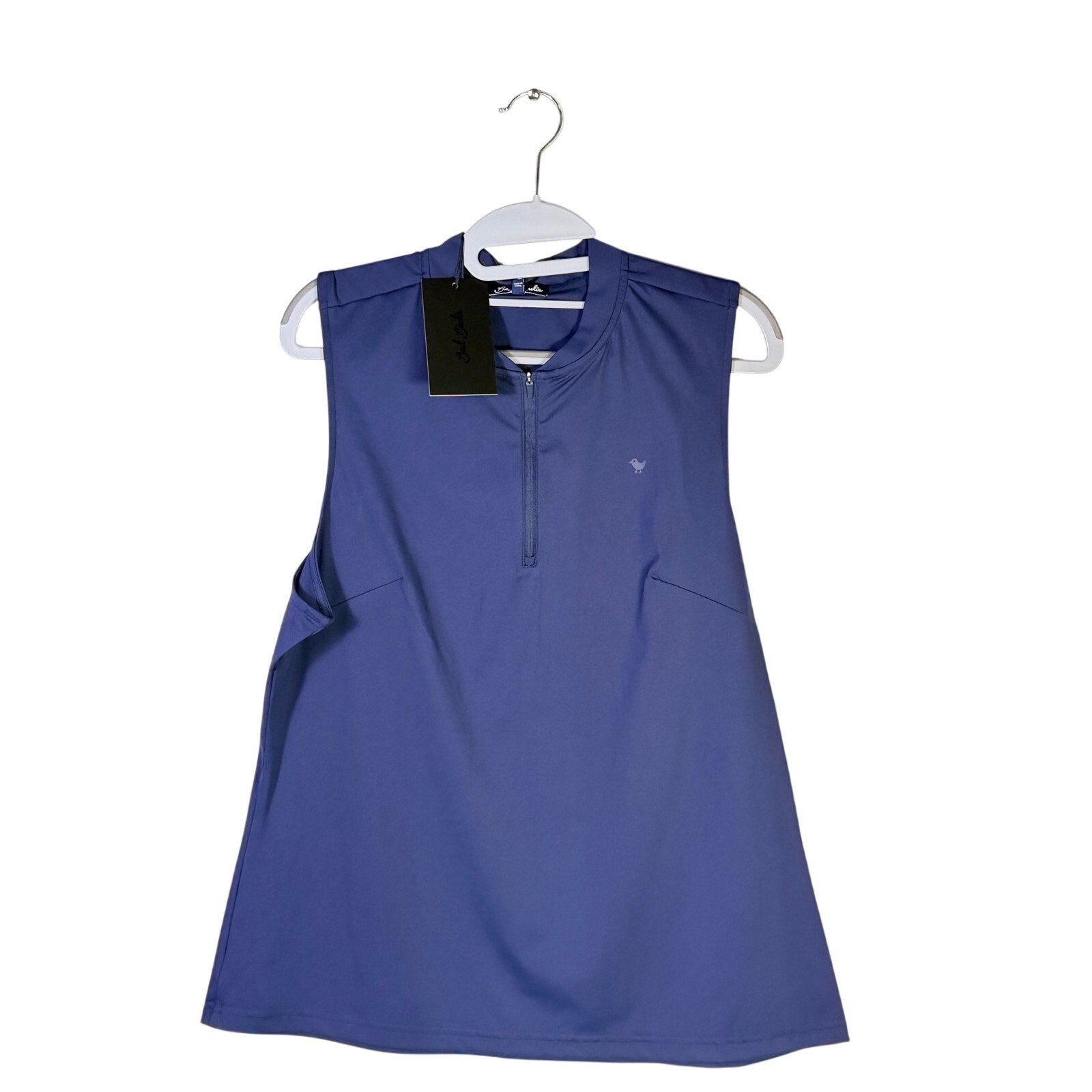 Bad Birdie women's blue sleeveless golf polo tank top with quarter-zip neckline, medium size, new without tags.
