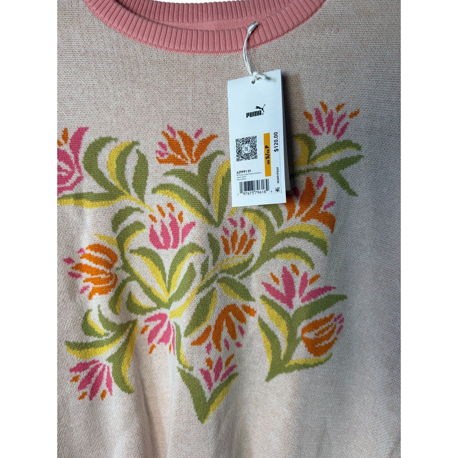 PUMA x Dani Dazey Floral Knit Crewneck Sweater Warm Blanc Women's Small NWT