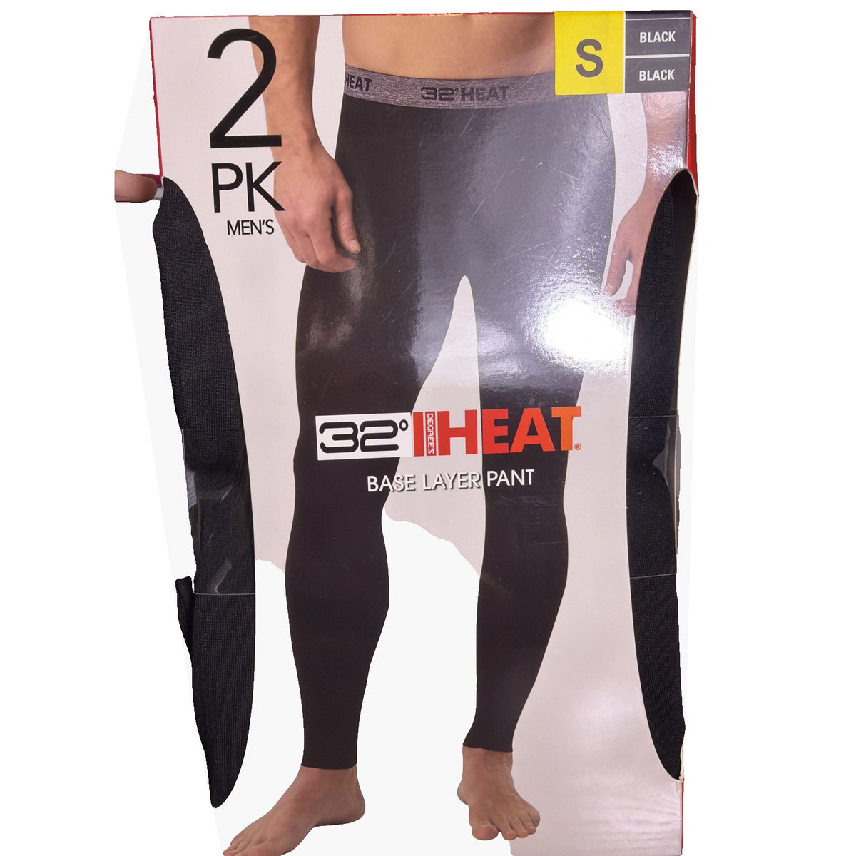 Black 32 Degrees men's base layer pants in size S, 2-pack, showing close-up of fabric and fit for thermal warmth.