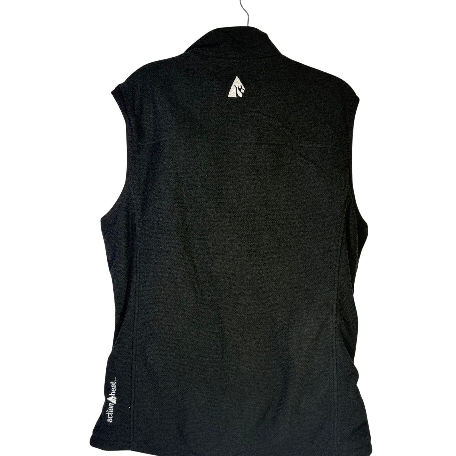 Black ActionHeat men's rechargeable heated fleece vest size L with 5V power bank, front view showing fleece fabric and zipper.