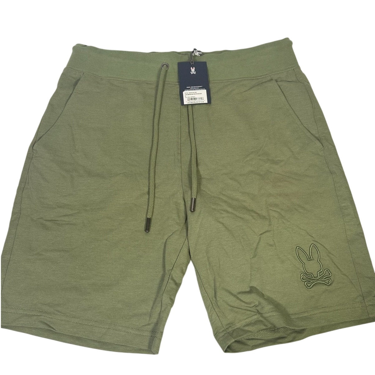 Psycho Bunny Men’s Levanto embroidered French terry shorts in green, size small, with visible logo and stitching details.