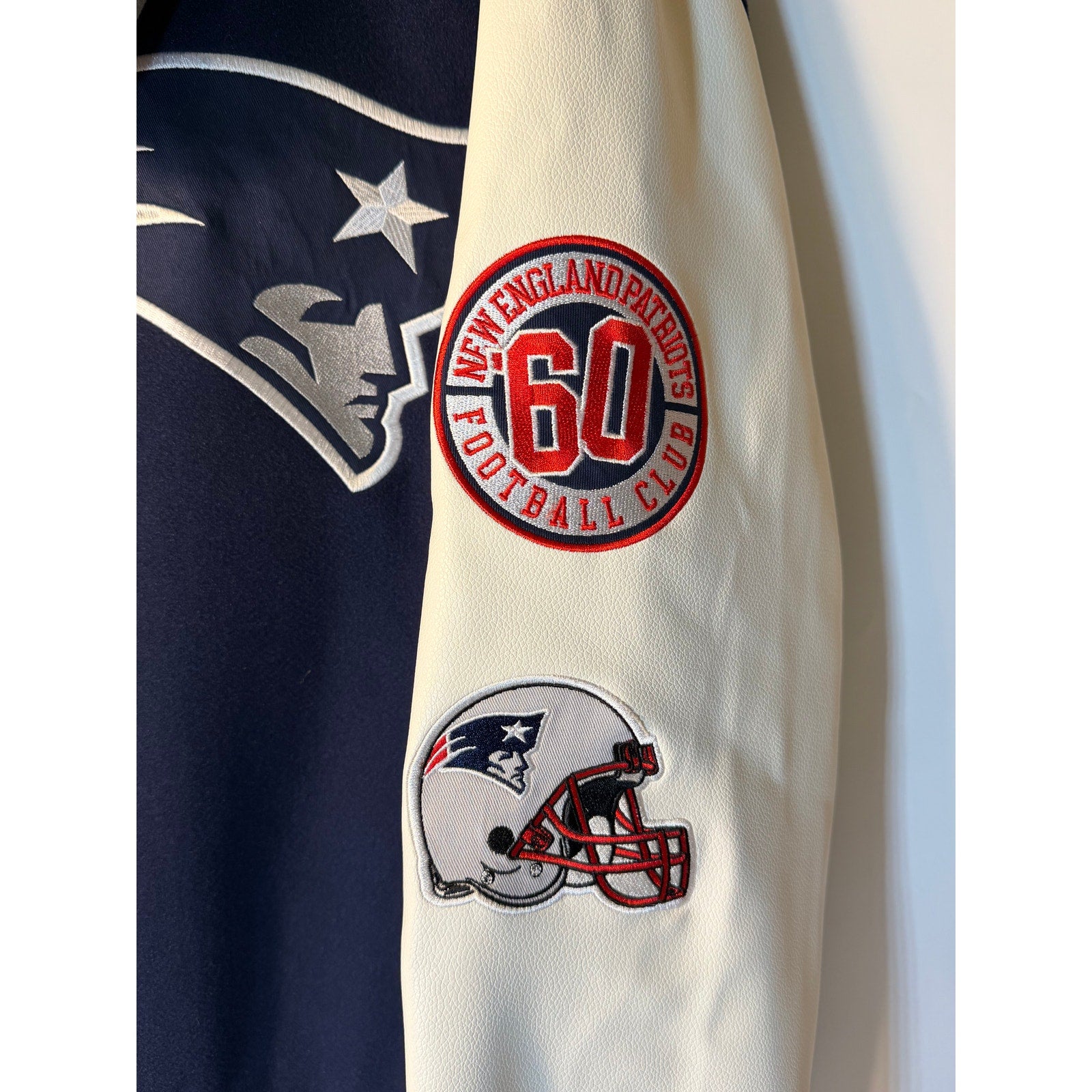 New England Patriots women's varsity hoodie in blue and white with embroidered team logo, wool and faux leather details, size XL.